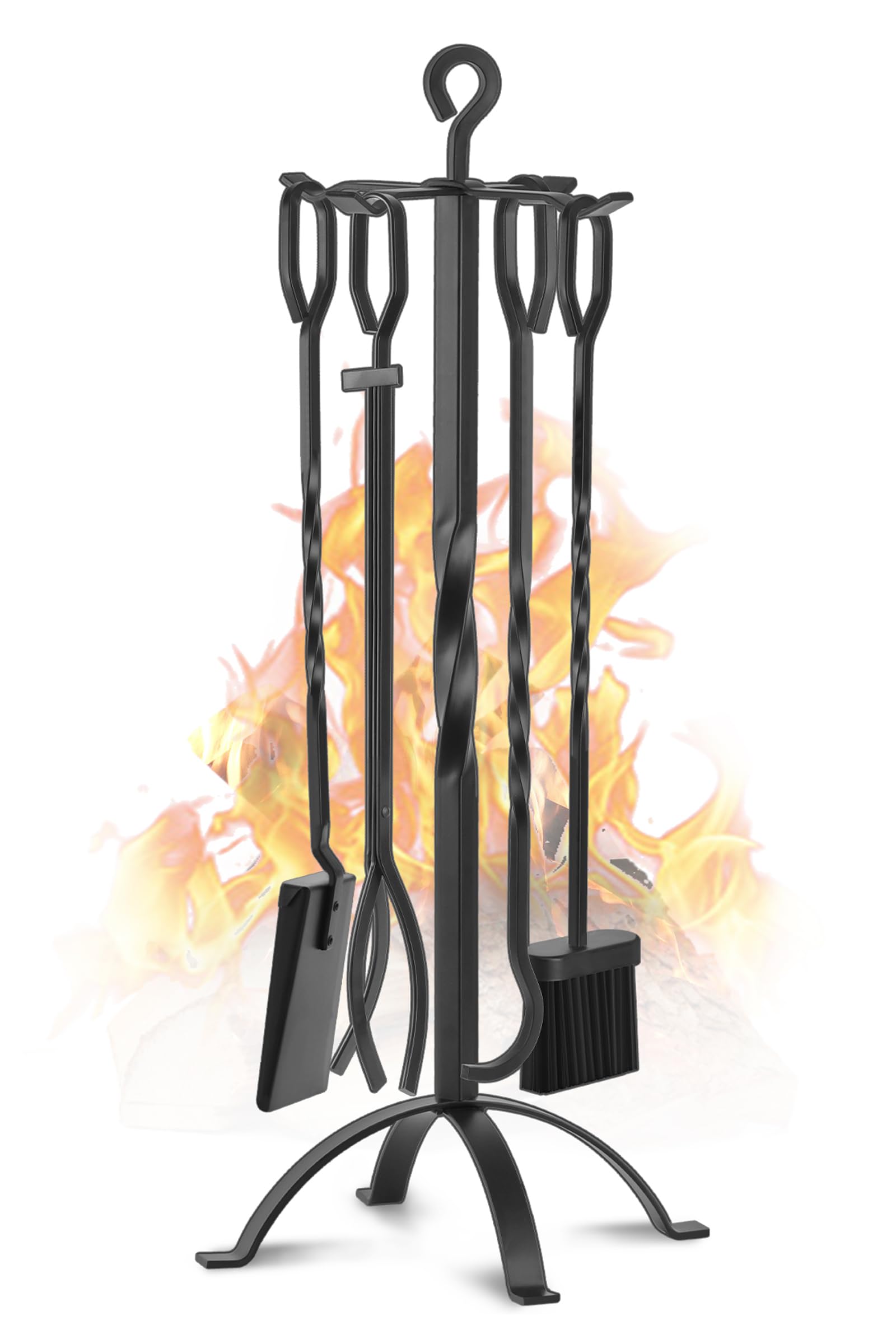 Gtongoko Fireplace Tools Set 5 Pieces 32 Inch Modern Black Wrought Iron Large Fire Tool Set for Outdoor/Indoor Include Chimney Poker, Tongs, Shovel, Brush and Stand Accessories Set