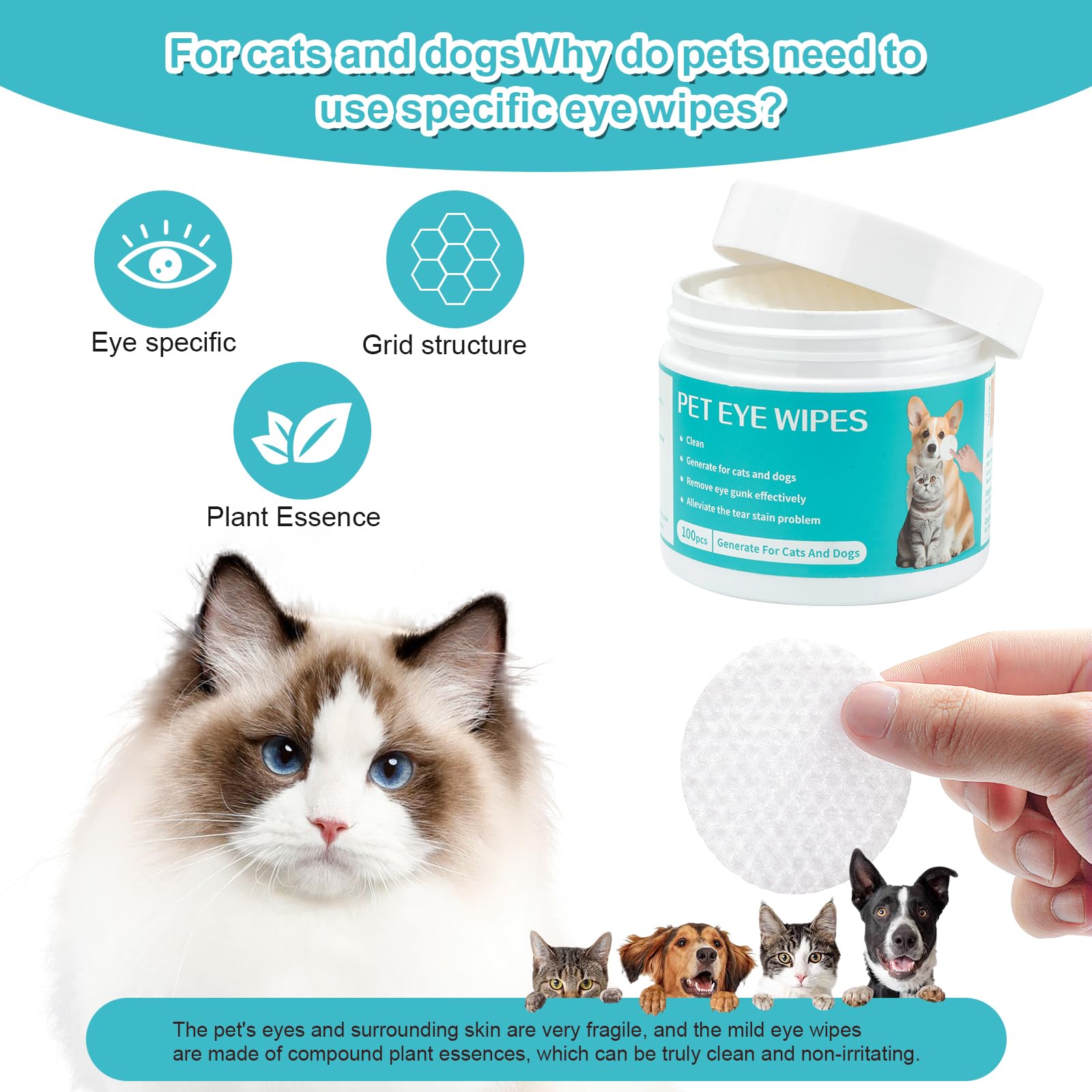 Dog Eye Wipes, 200Pcs Eye Wipes for Dogs & Cats Remove Tear Stain, Eye Debris, Mucus Secretions Discharge, Pet Gentle Care Supplies Disposable Cleaning Wipe for Eye