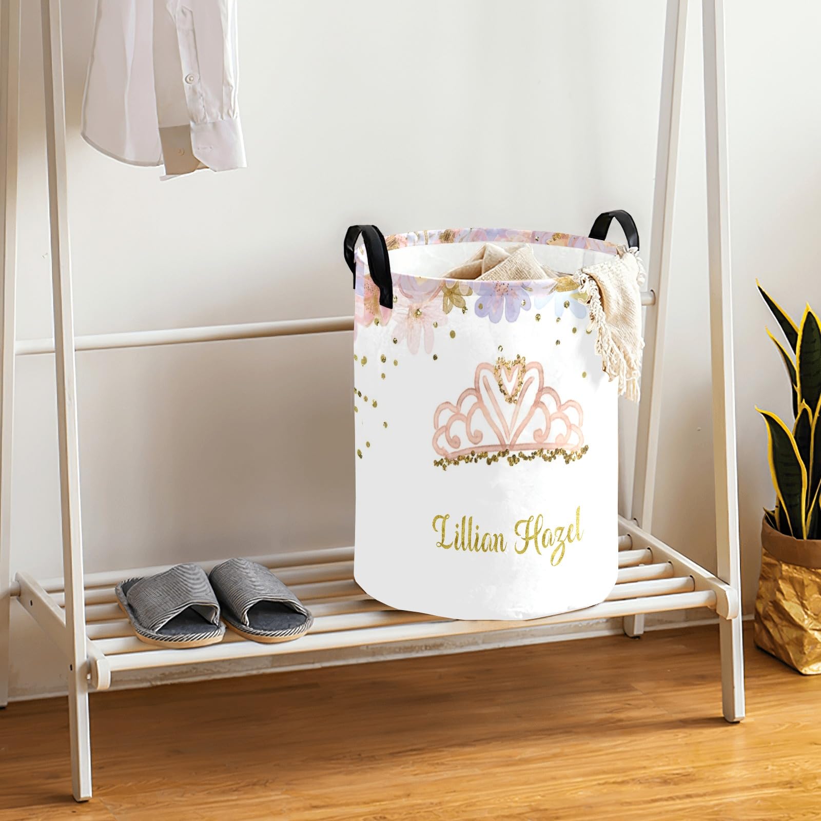 Personalized Laundry Baskets Bin,Princess Crown Floral Laundry Hamper with Handles,Waterproof Clothes Hamper, Laundry Bin, Clothes Storage Basket for Bedroom, Bathroom, College Dorm 50L