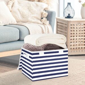 YETTASBIN Navy Blue Stripes Storage Basket with Lid and Handles, Large Collapsible Fabric Storage Bins Sturdy Storage Organizer for Shelves, Closet, Bedroom, School, Office, Home Decor