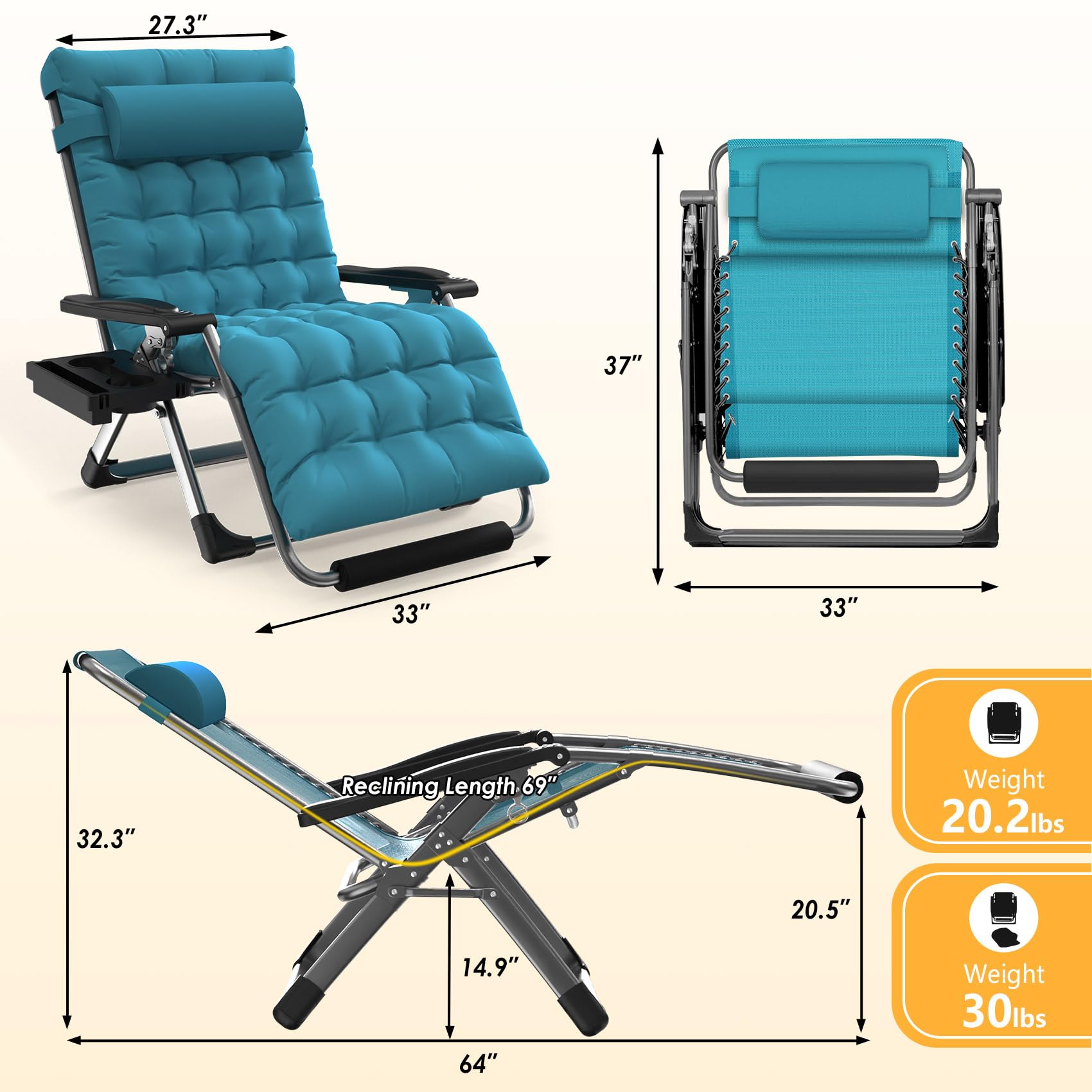 Slendor Oversized Zero Gravity Chairs XXL, 33IN Padded Zero Gravity Lounge Chair, Folding Reclining Patio Chair Lawn Recliner w/Aluminum Alloy Lock, Headrest, Cup Holder, Support 500lbs, Light Blue