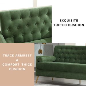 60” Couch Sofa,Mid Century Modern Upholstered Loveseat Sofa Tufted Small Sofa Love Seat Couch Track Armrest with 2 Bolster Pillows for Small Space Living Room Bedroom Apartment, Green Chenille