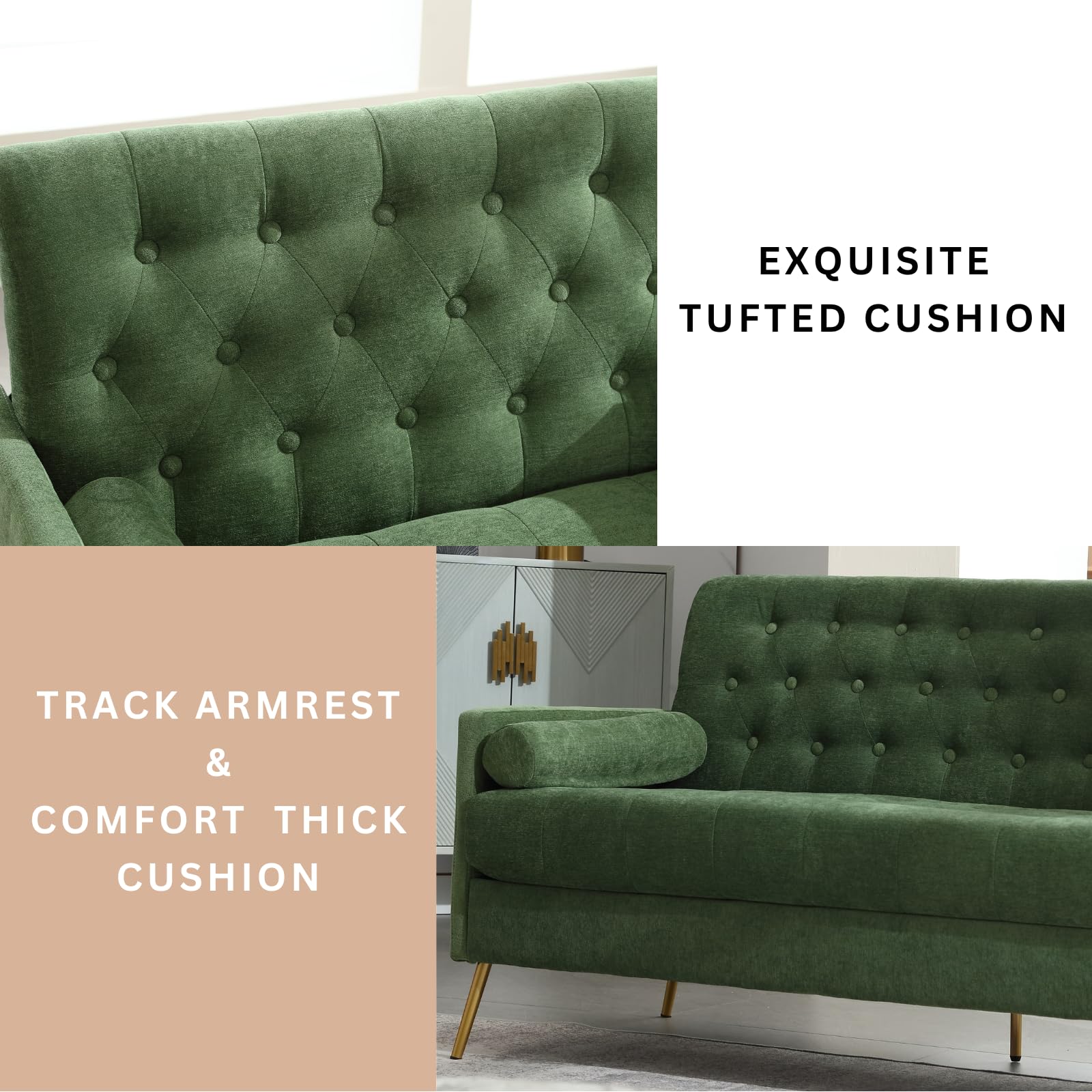 60” Couch Sofa,Mid Century Modern Upholstered Loveseat Sofa Tufted Small Sofa Love Seat Couch Track Armrest with 2 Bolster Pillows for Small Space Living Room Bedroom Apartment, Green Chenille