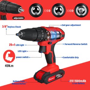 Cordless Drill Set, 21V Power Drill Kit with 398 inch-lbs & Torque Rating 25+1, 2 Variable Speeds Electric Power Drill 3/8” Keyless Chuck with LED & 29 pcs Accessories Electric Driver for DIY (1.5 Ah)