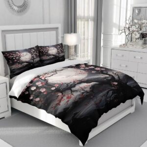 CCoutueChen King Black Pink Cherry Blossom Duvet Cover Japanese Style Cherry Blossoms Duvet Cover Set 3Pcs Vintage Floral Bedding Set with Zipper Closure 4 Ties (2 Pillowcases, No Comforter)