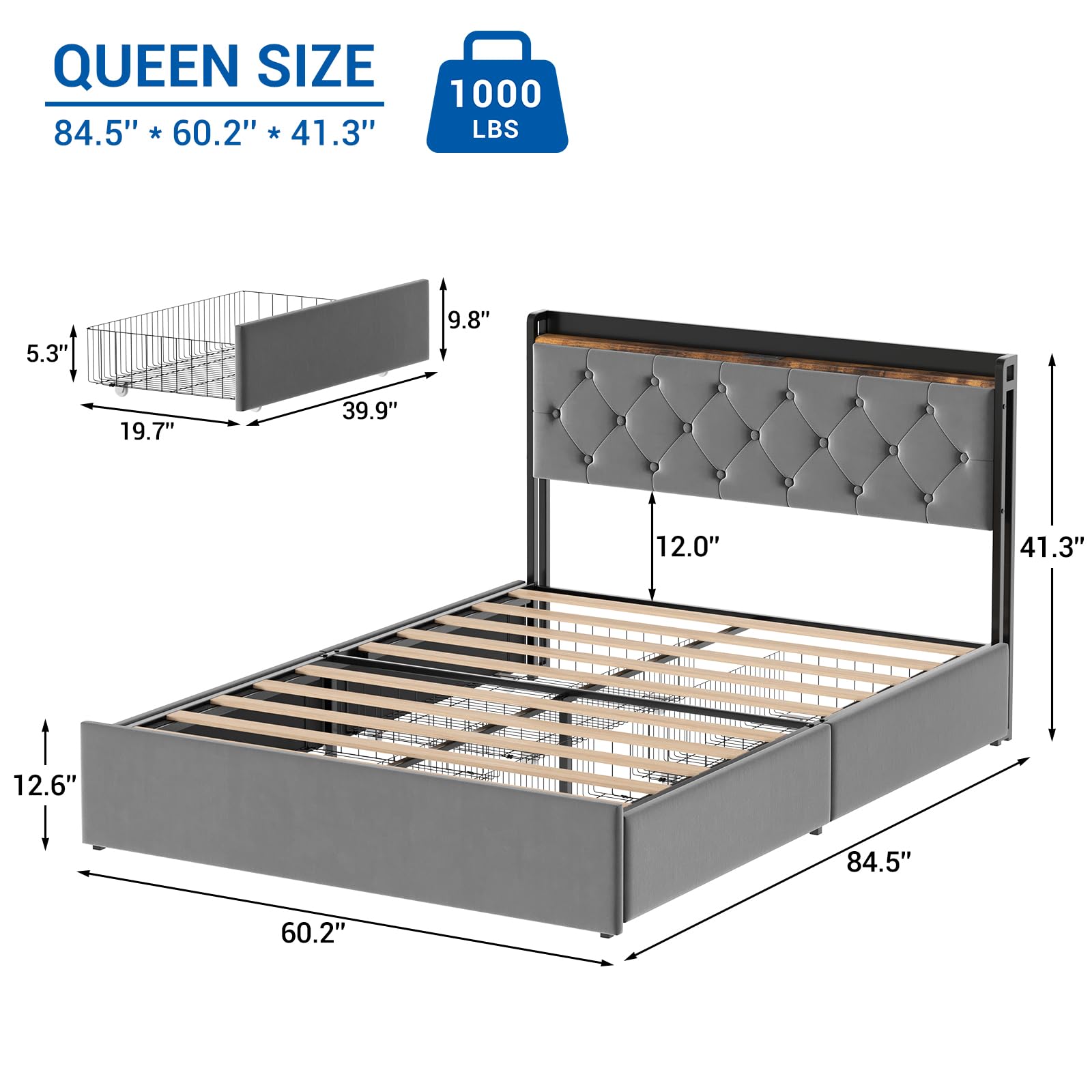 IDEALHOUSE Velvet Upholstered Queen Size Platform Bed Frame with 4 Storage Drawers, Storage Headboard with Charging Station, Mattress Foundation with Wooden Slats Support,No Box Spring Needed, Gray