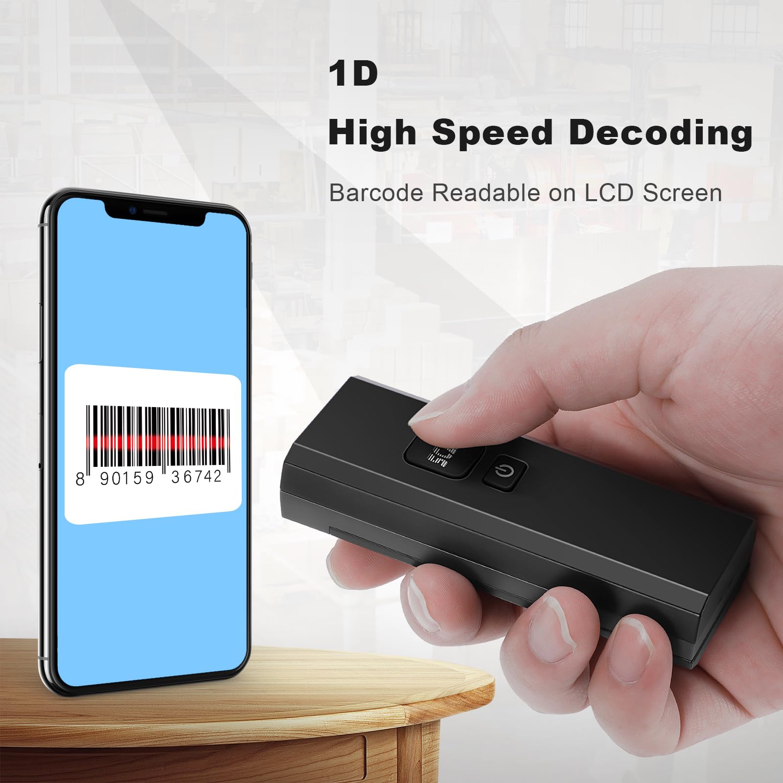 JRHC Wireless Barcode Scanner, 1D CCD Automatic Mini Barcode Rreader, Rechargeable Bar Code Scanner with 2.4G Receiver Plug and Play