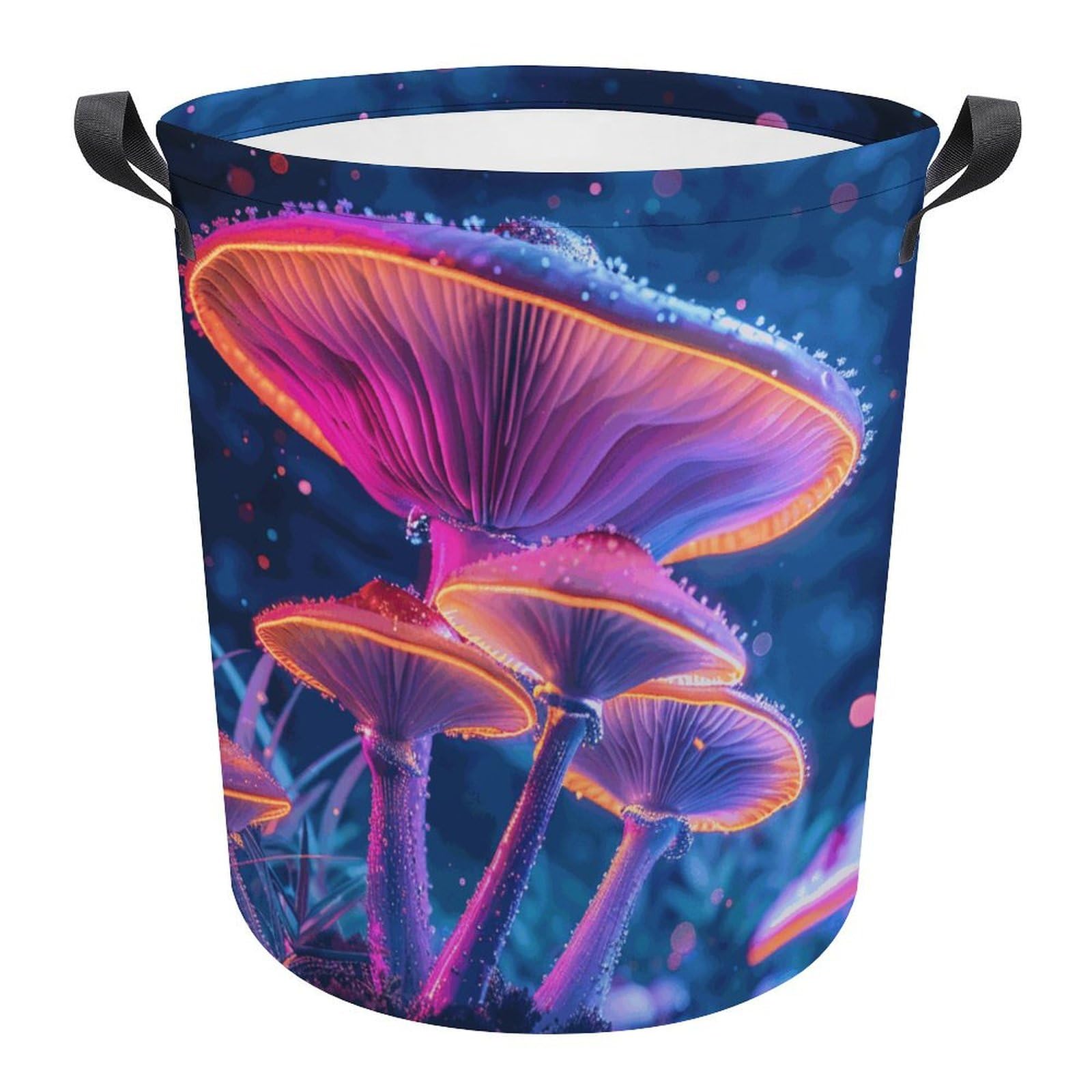 TsyTma Bright Neon Mushrooms Small Laundry Basket for Bedrooms Colorful Collapsible Round Laundry Hamper with Handles Round Toy Bin for Dirty Clothes Bathroom