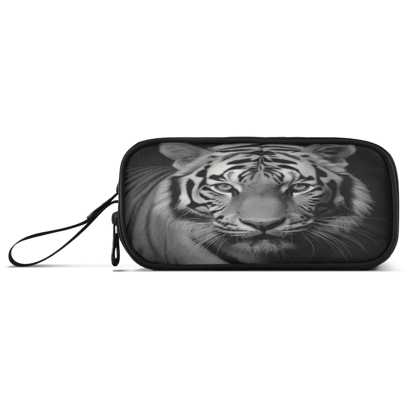 Lotupokon Vintage White Tiger Black Pencil Case Zipper Pen Bag Large Capacity Pencil Pouch Pencil Box Purse Organizer Pouches for Boys Kids Girls Students School Office College Supplies Gifts