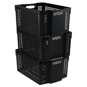 Begale 12 Pack Large Plastic Storage Baskets Organizer, Black Stacking Storage Basket Bin for Pantry, Shelves