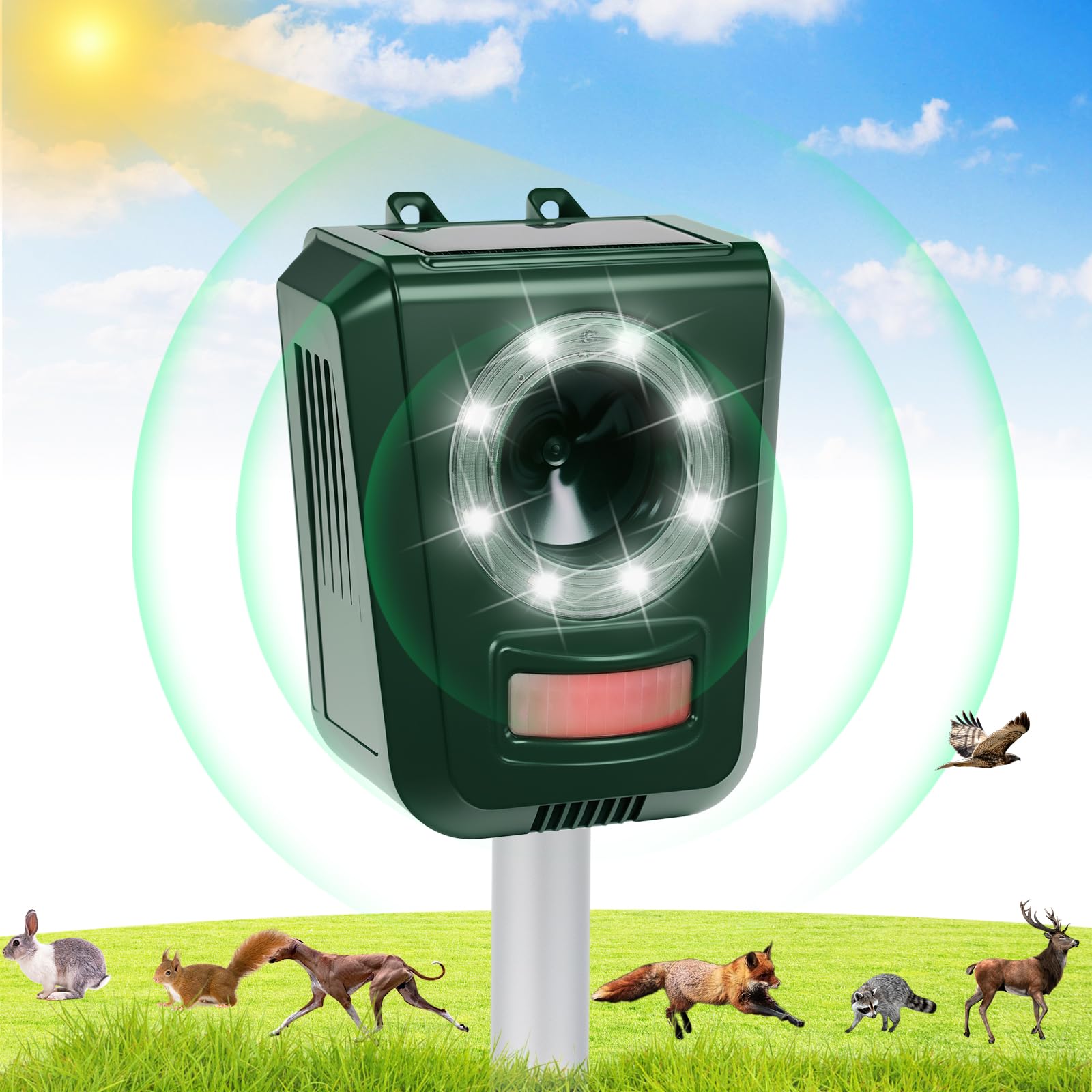 2024 Ultrasonic Deer Repellent Devices Solar Animal Repeller for Cat Dog Deer Raccoon Coyote Skunk, Waterproof Cat Deterrent Outdoor with Explosive Flashing Light for Lawns Yard