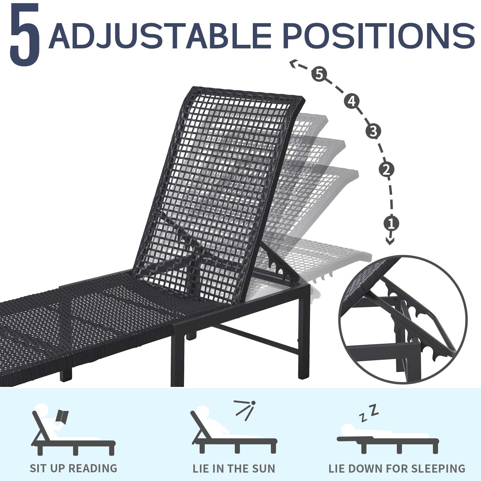 Outdoor Chaise Lounge Chair Set of 2, Rattan Pool Chairs with Adjustable Backrest, Rustproof Aluminum Frame Tanning Chair, for Poolside, Backyard, Lawn, Deck（Dark Grey）