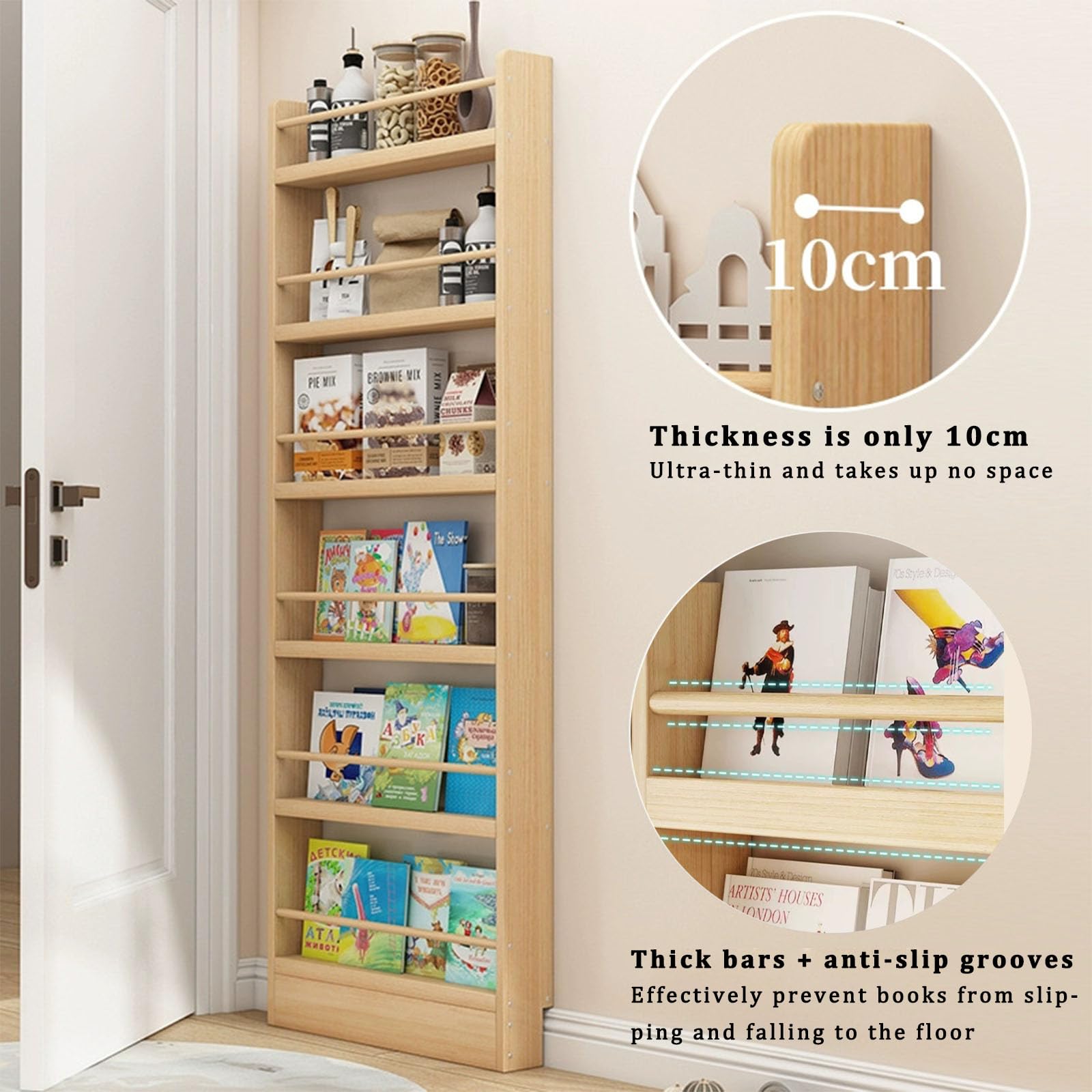 Floor Bookcases Display Racks Tall Thin 10cm Standing 2-8 Tier Bookshelves Wood Frame Behind The Door Open Storage Rack Shelf Book Shelf for Bedroom, Living Room, Home Office