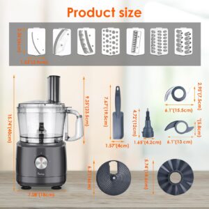 Davivy Food Processor 7 Cup, Built-in Storage Drawer Small Food Processors with 10 set blades,French fry cutting,Wavy slicing for Home Use,3-Speed, Grey,600W