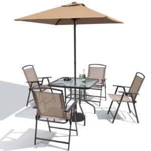 crestlive products 6 pcs patio dinning set, 4 folding chairs, square tempered glass table and umbrella set, outdoor all weather furniture for lawn, deck, backyard, garden (khaki chairs & umbrella)