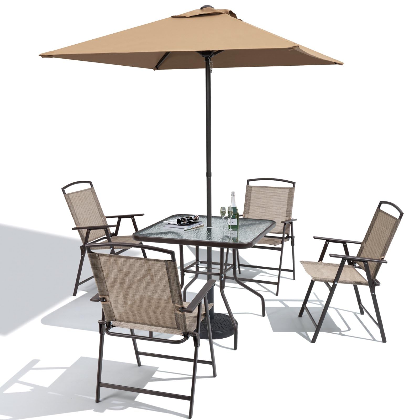 Crestlive Products 6 PCS Patio Dinning Set, 4 Folding Chairs, Square Tempered Glass Table and Umbrella Set, Outdoor All Weather Furniture for Lawn, Deck, Backyard, Garden (Khaki Chairs & Umbrella)