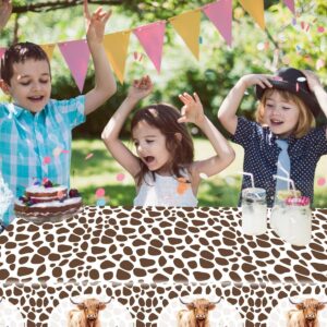 3Pcs Highland Cow Tablecloth Brown Cow Print Table Cover Kids Birthday Party Disposable Rectangle Plastic Waterproof for Baby Shower Decorations 54 x 108 inches