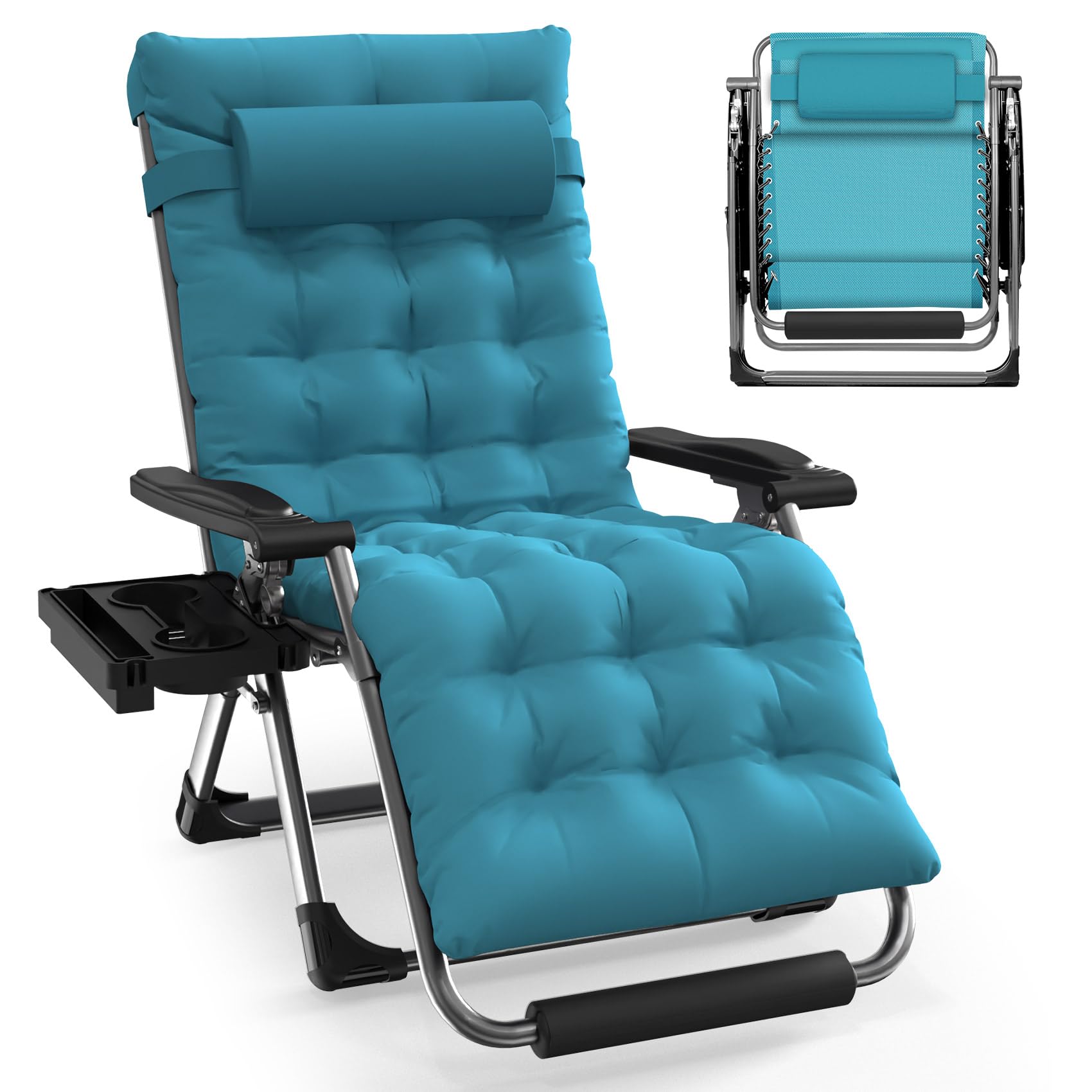 Slendor Oversized Zero Gravity Chairs XL, 29IN Padded Anti Gravity Chair, Zero Gravity Lounge Chair, Folding Reclining Patio Chair w/Aluminum Alloy Lock, Headrest, Cup Holder, Light Blue