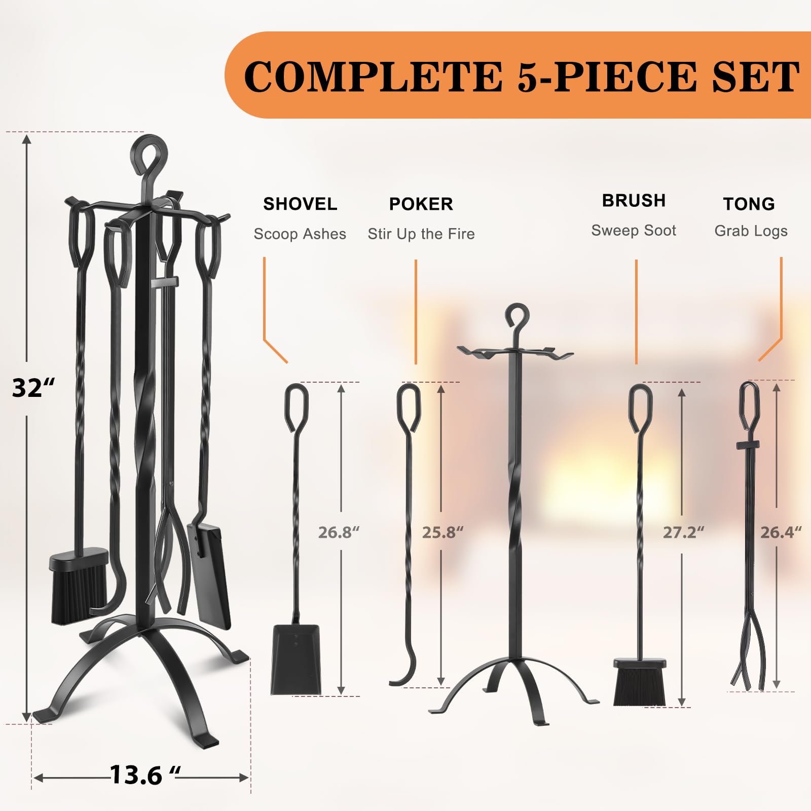 Gtongoko Fireplace Tools Set 5 Pieces 32 Inch Modern Black Wrought Iron Large Fire Tool Set for Outdoor/Indoor Include Chimney Poker, Tongs, Shovel, Brush and Stand Accessories Set