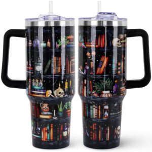 book lovers gifts 40oz tumbler with handle and straw lid,vacuum insulated leak proof tumbler bookish gifts for women readers librarian,book accessories stainless steel travel mug,skull bookshelf