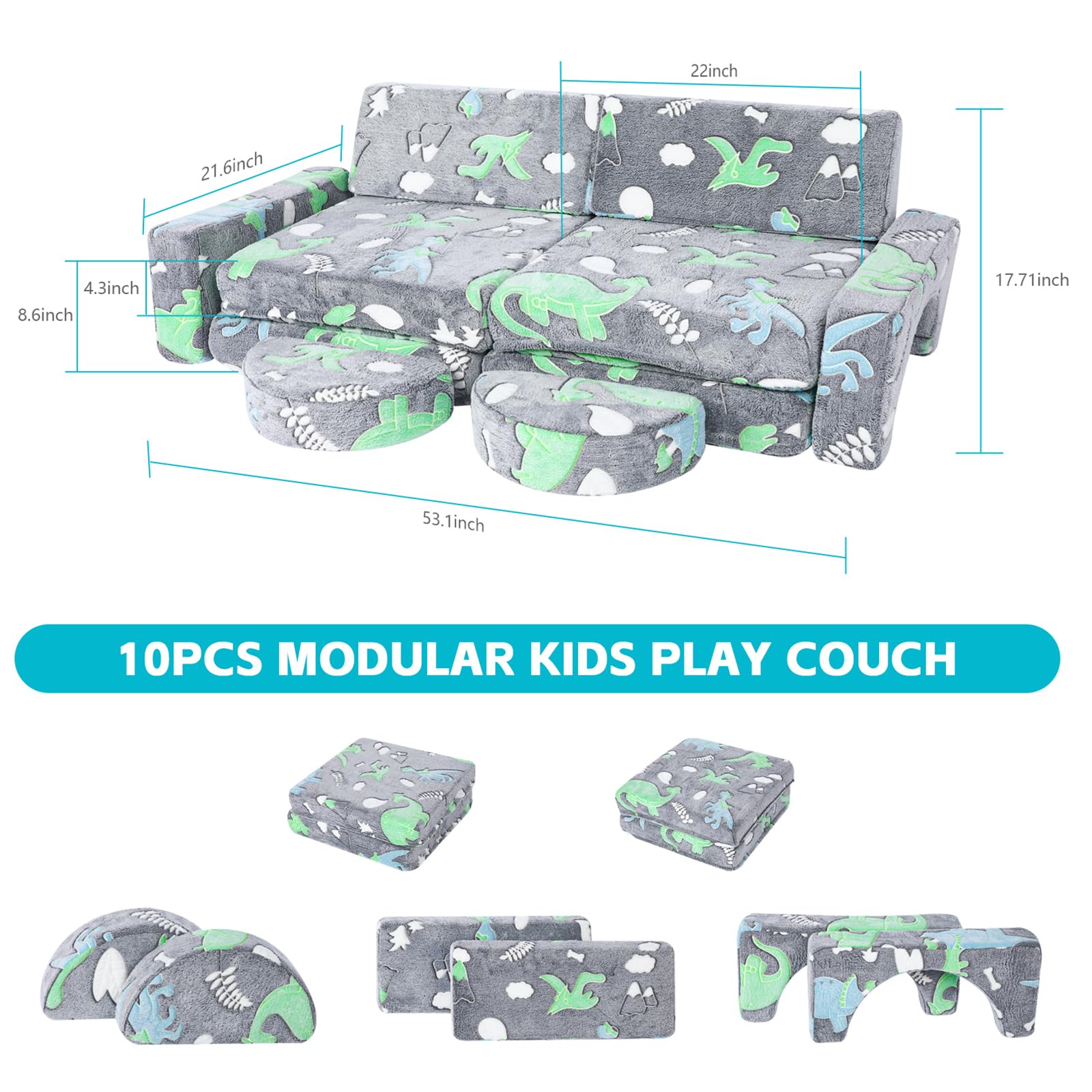 Longzhuo 10PCS Modular Kids Play Couch, Soft Nugget Couch, Kids Couch Bed Fold Out Toddler Sofa Glow in The Dark, Kids Chair Kids Sofa Couch Convertible Sofa Foam Couch in Playroom Bedroom Furniture