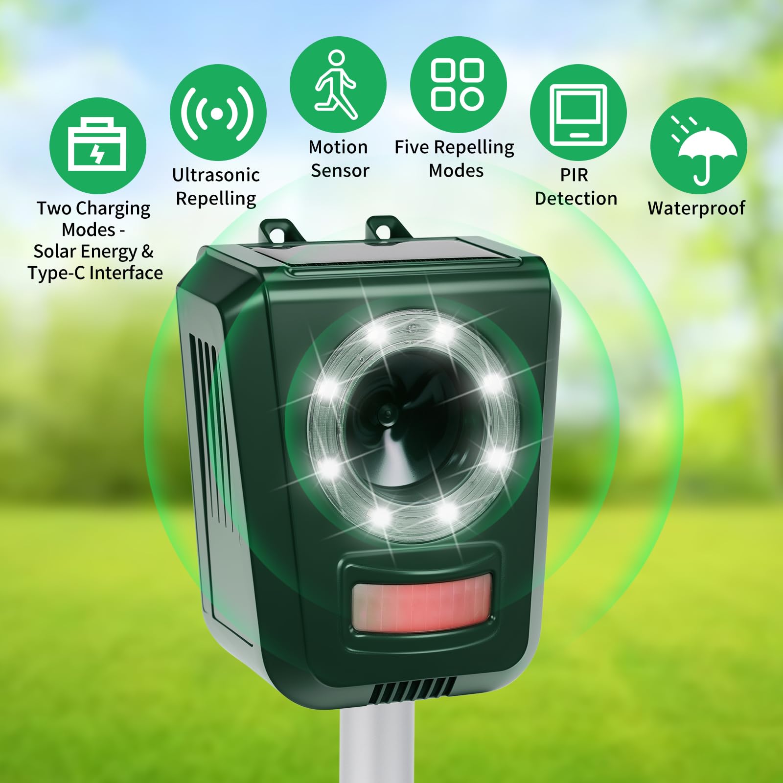 2024 Ultrasonic Deer Repellent Devices Solar Animal Repeller for Cat Dog Deer Raccoon Coyote Skunk, Waterproof Cat Deterrent Outdoor with Explosive Flashing Light for Lawns Yard