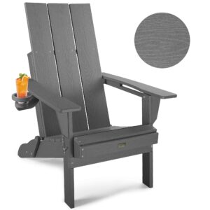 powerwood modern adirondack chair, oversized hdpe folding adirondack chairs wood texture, higher back all weather plastic adirondack chair set with cup holder, fire pit chairs for outdoor patio (grey)