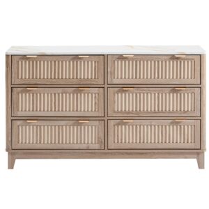 6 Drawers Dresser for Bedroom, 54" Large Storage Dresser, Farmhouse Wood Dressers with Faux Marble Top, Modern Dressers & Chests of Drawers for Living Room Entryway, Fluted Curved Profile, Natural Oak