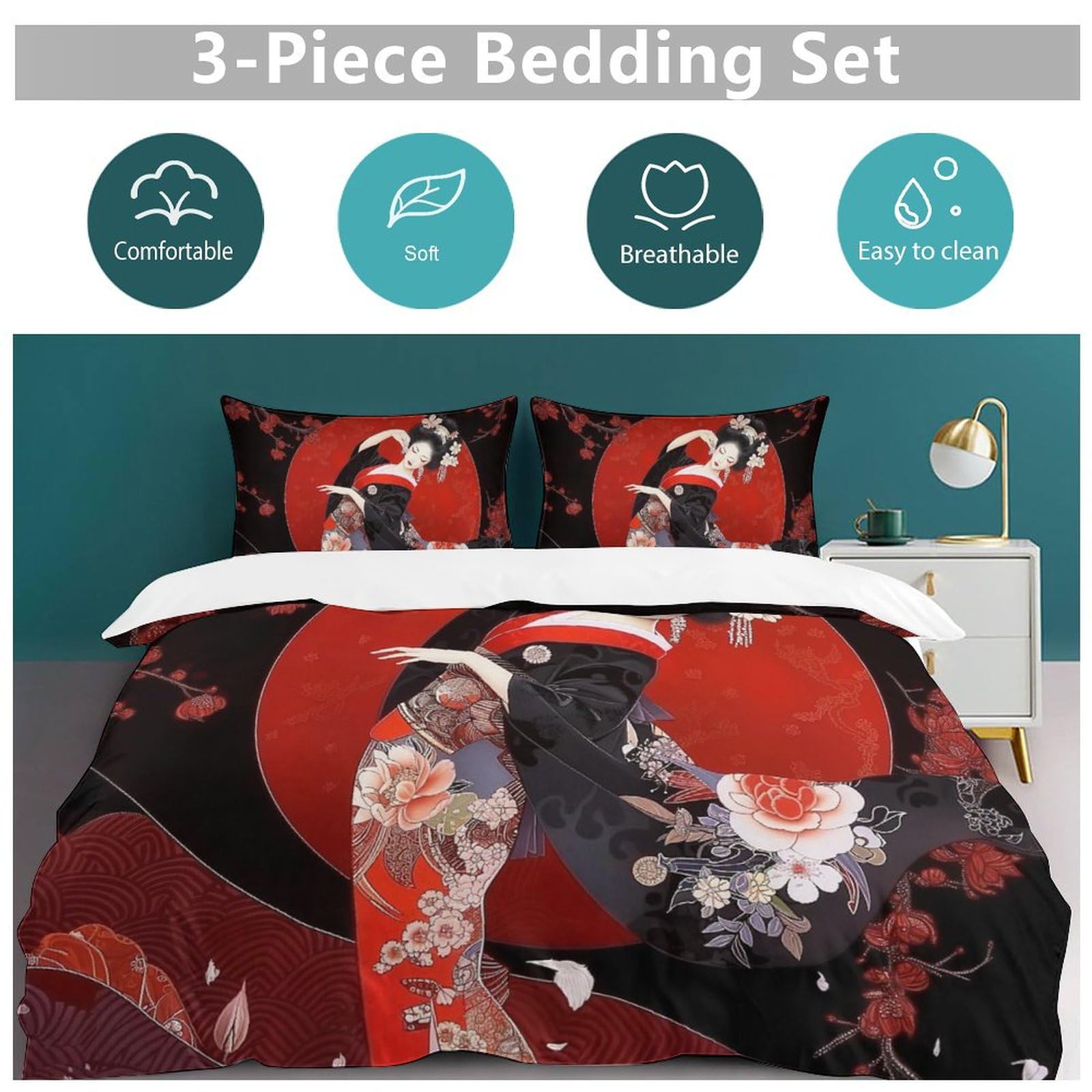 SceuQertc Red Geisha Girl Bedding Comforter Sets Lightweight Ultra Soft Comforter Bedding Set 3 Pieces (1 Duvet Cover, 2 Pillowcases) with Zipper Closure