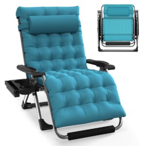 slendor oversized zero gravity chairs xxl, 33in padded zero gravity lounge chair, folding reclining patio chair lawn recliner w/aluminum alloy lock, headrest, cup holder, support 500lbs, light blue