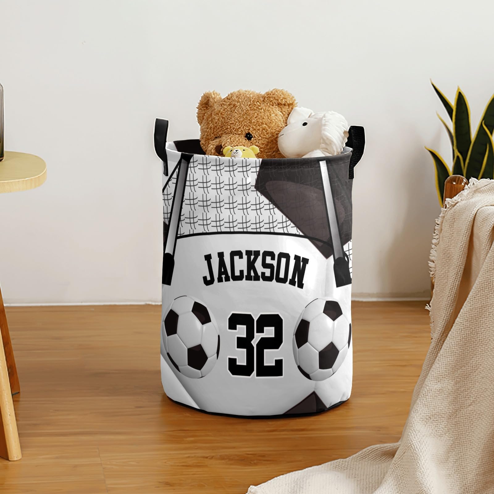 Custom Laundry Hamper,Soccer Sport Black Laundry Basket Round Clothes Storage Basket for Bedroom, 14.17x19.68 in