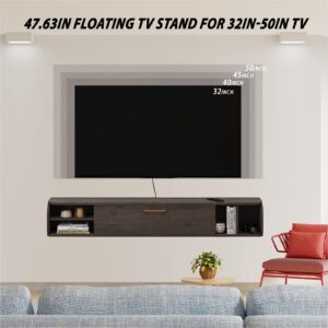 Bixiaomei Floating TV Unit, 47'' Wall Mounted TV Cabinet, Floating Shelves with 4 Cabinets, Wooden Entertainment Media Console Center Large Storage TV Bench for Living Room & Office (47IN, Dark Grey)