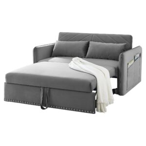 SumKea Loveseat Sleeper USB Port Pull Out Couch with Nailhead Trim, 3 in 1 Sofa Bed Adjustable Backrest with 2 Pillows, Grey