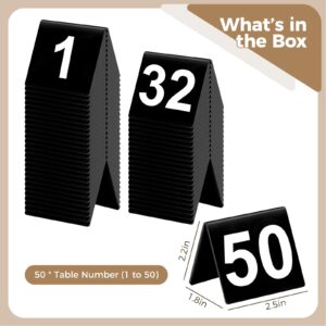 Table Numbers 1 to 50, V-Shaped Black Acrylic Table Numbers, Restaurant Double Sided Printing Table Tents, Wedding Table Card Signs, Waterproof Tabletop Numbers for Banquets, Parties, Business Events