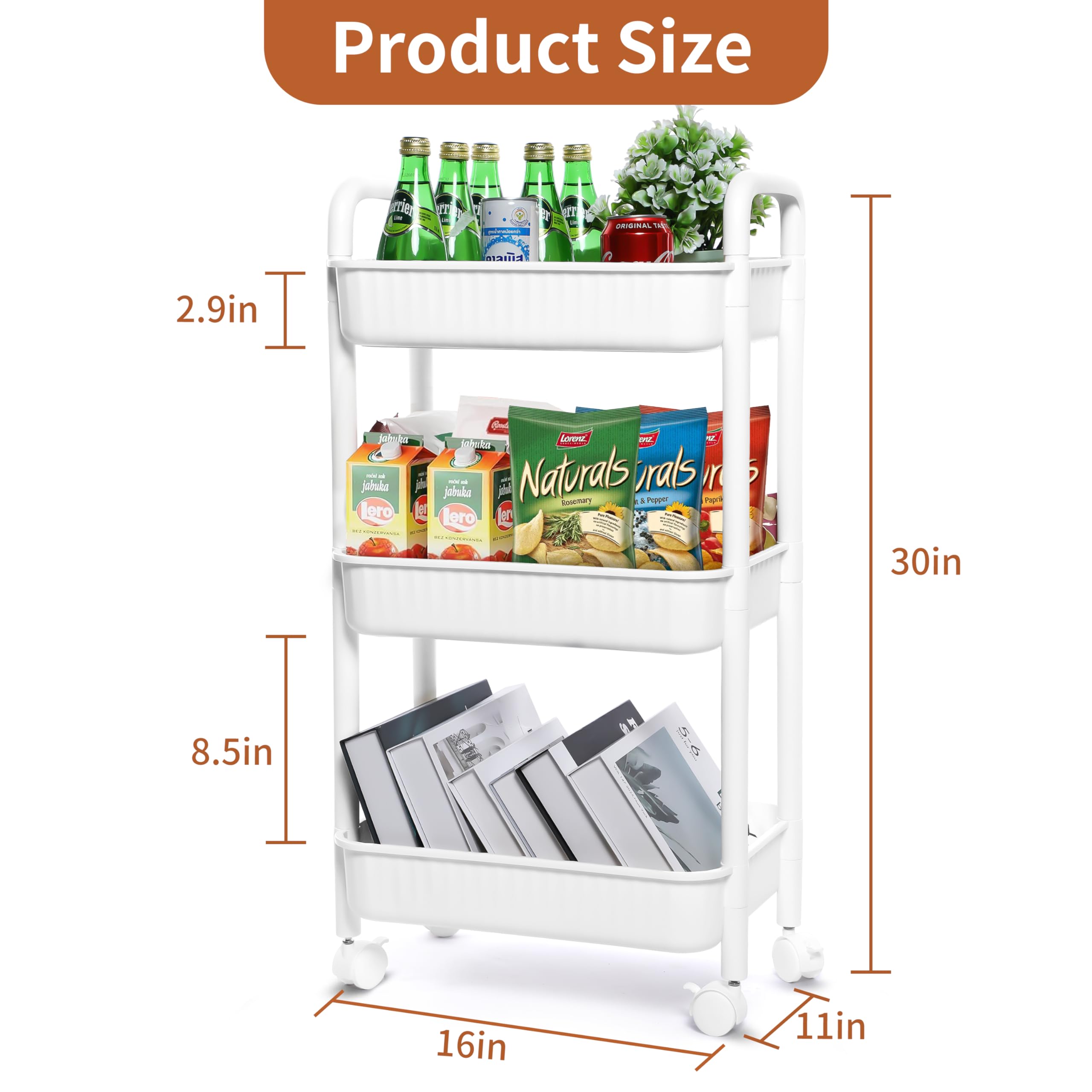 YSSOA Rolling Storage Cart, 3 Tier Slim Mobile Shelving Unit 360° Rotating Wheel Lockable Utility Cart, Ideal for Office, Kitchen, Bathroom, Laundry and Narrow Spaces, White