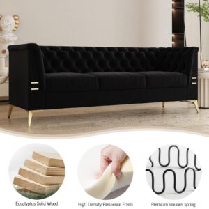 3 Seat Velvet Sofa Couch Modern Chesterfield Button Tufted Couches Comfy Contemporary Black Velvet Upholstered Sofas 83 Inch 3 Person Fashion with Metal Legs Couches for Living Room Office Furniture