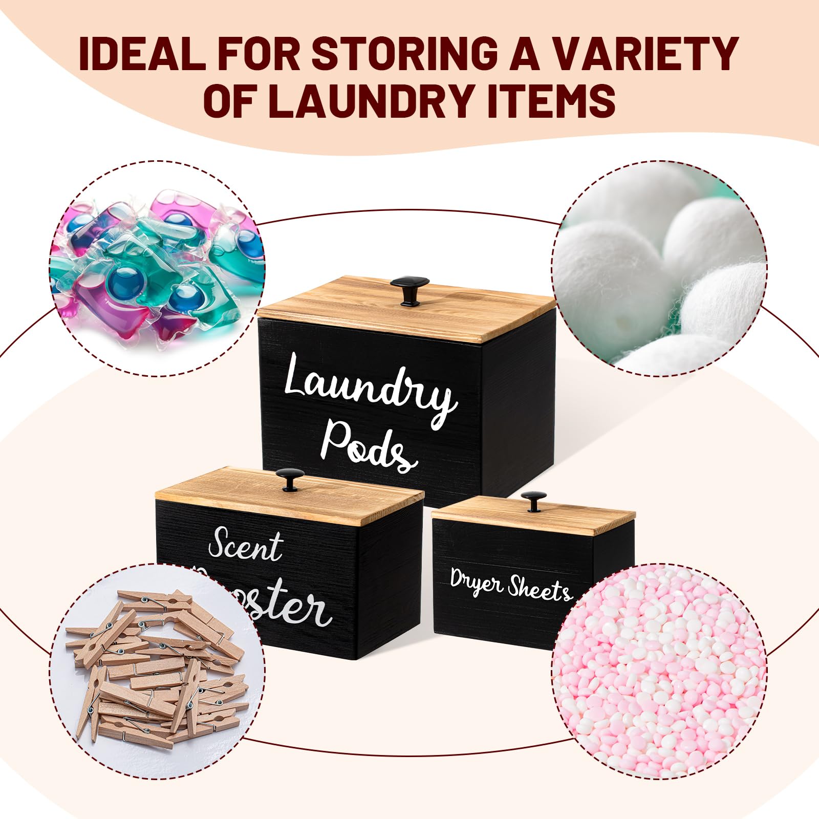 Dandat 3 Pcs Dryer Sheet Holder Laundry Pod Holder Scent Booster Container Set with Scoop Rustic Wood Dryer Sheet Container Laundry Pods Container Laundry Beads Dispenser for Storage (Black)