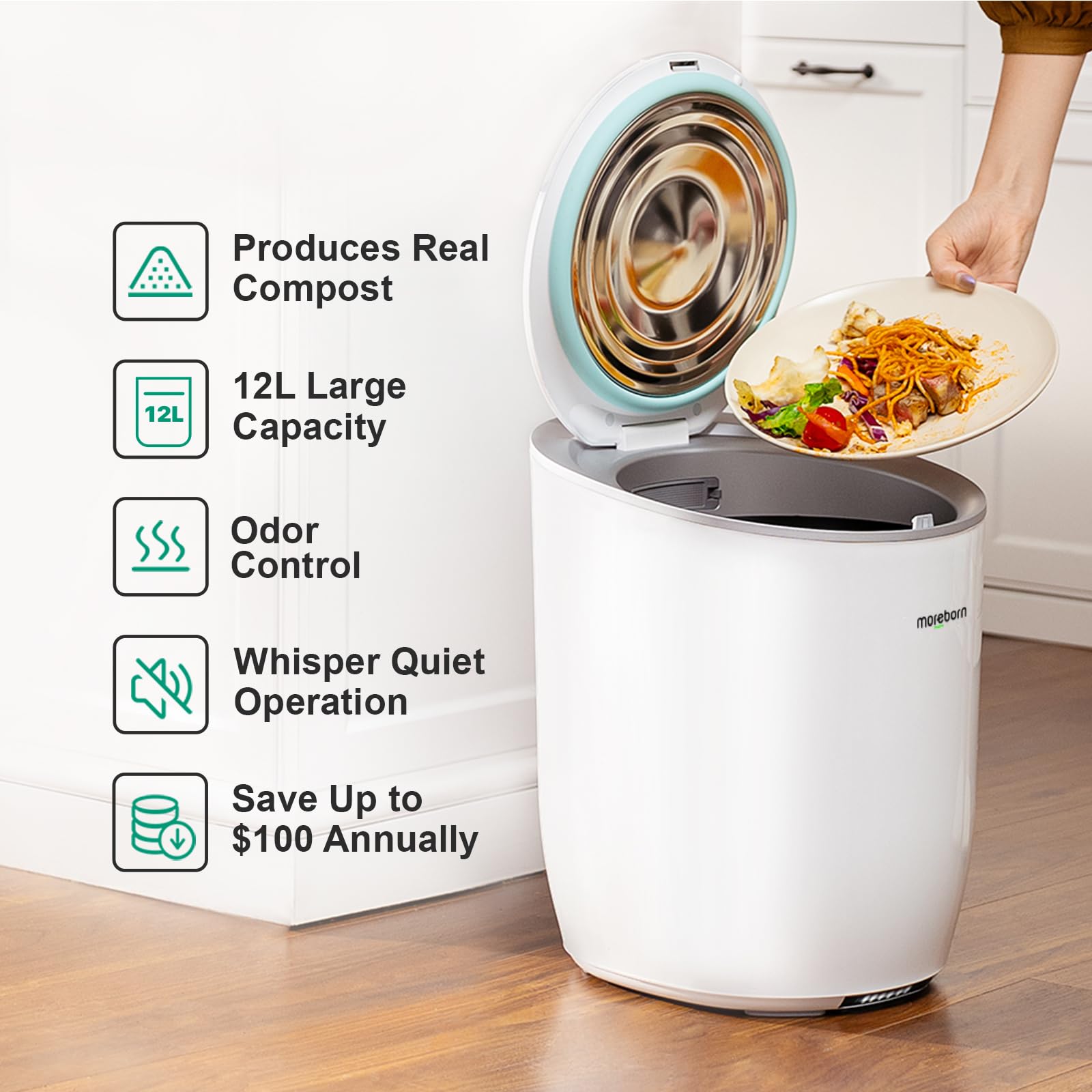 Moreborn by Neakasa 12L Larger Capacity Electric Composter for Kitchen, Smart Odorless Food Waste Compost Machine, Turn Food Waste Into Organic Fertilizer for Plants, Indoor Compost Bin