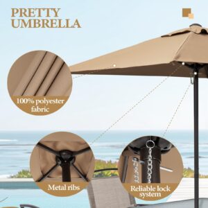 Crestlive Products 6 PCS Patio Dinning Set, 4 Folding Chairs, Square Tempered Glass Table and Umbrella Set, Outdoor All Weather Furniture for Lawn, Deck, Backyard, Garden (Khaki Chairs & Umbrella)