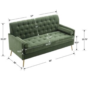 60” Couch Sofa,Mid Century Modern Upholstered Loveseat Sofa Tufted Small Sofa Love Seat Couch Track Armrest with 2 Bolster Pillows for Small Space Living Room Bedroom Apartment, Green Chenille