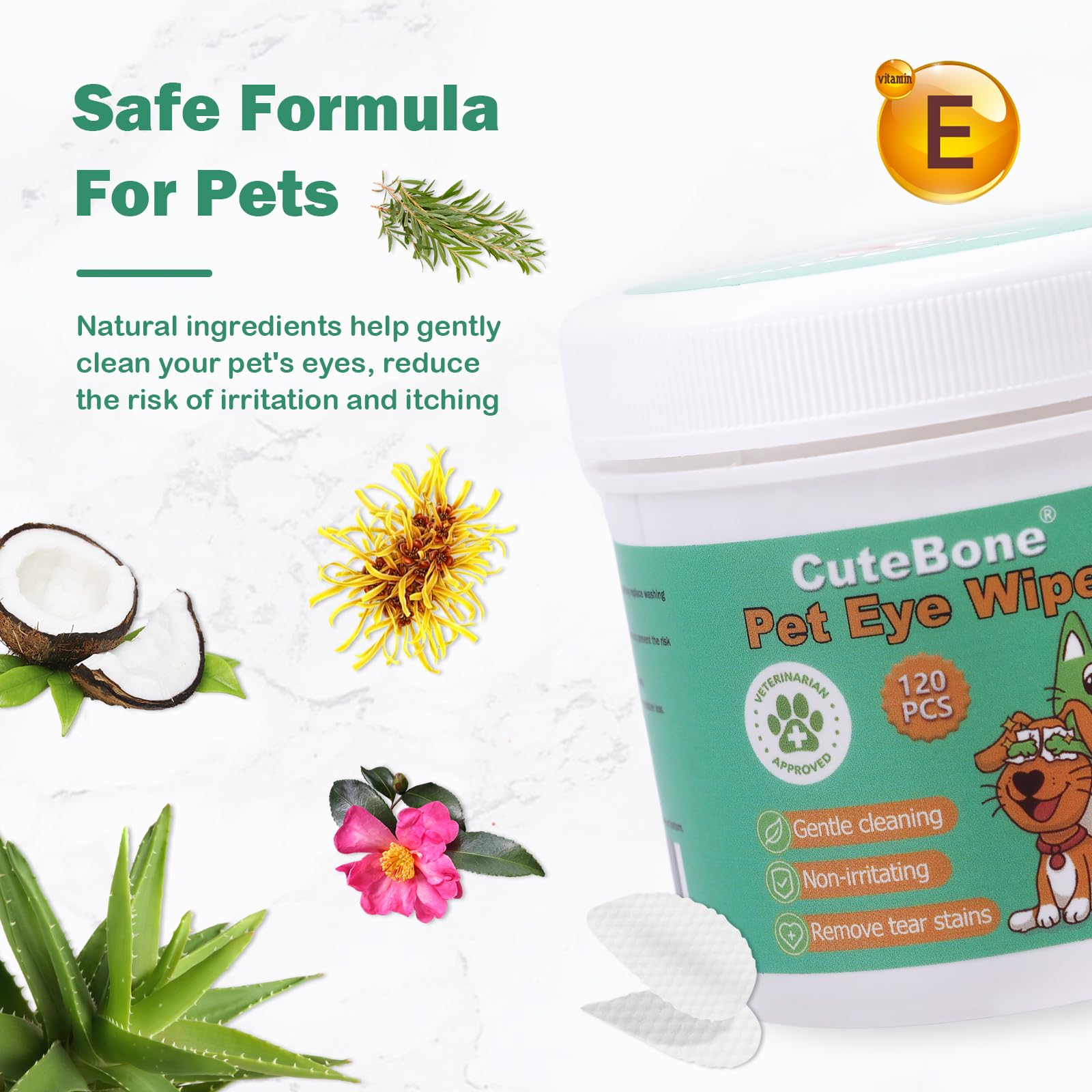 CuteBone Pet Eye Wipes 120 Count - Gentle and Soothing Eye Cleaning Wipes for Dogs and Cats, Removes Dirt, Tear Stains, and Debris, Prevents Eye Infections, Natural Ingredients, Safe and Easy to Use