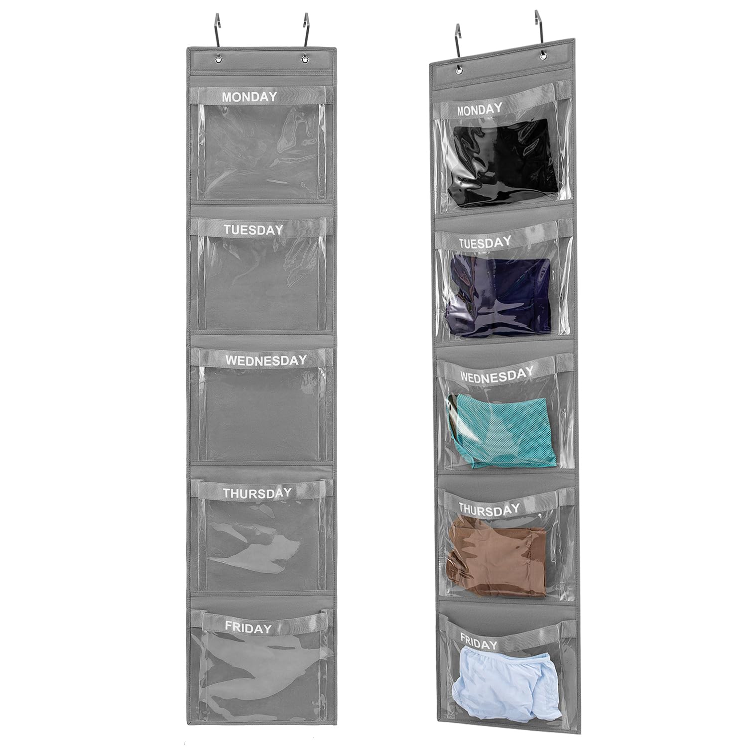 TEMUORG 2 Pcs Day of Week Clothing Organizer Monday to Friday School Clothes Organizer for Kids Weekly Hanging Closet Organizer (GREY)