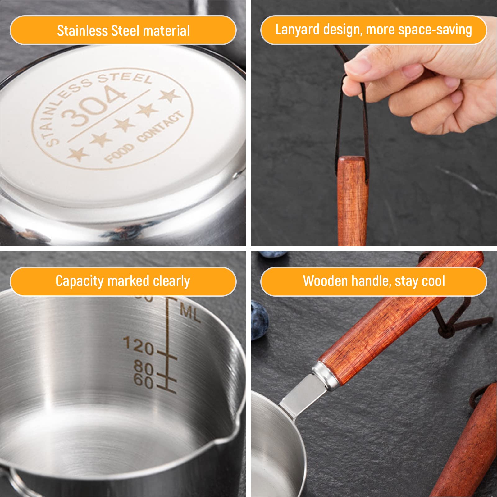 Stainless Steel Sauce pan, Mini Milk Warmer Pot Soup Pan with Wooden Handle Small Saucepan for Butter Warmer Heating Milk Cooking Sauce (125ml)