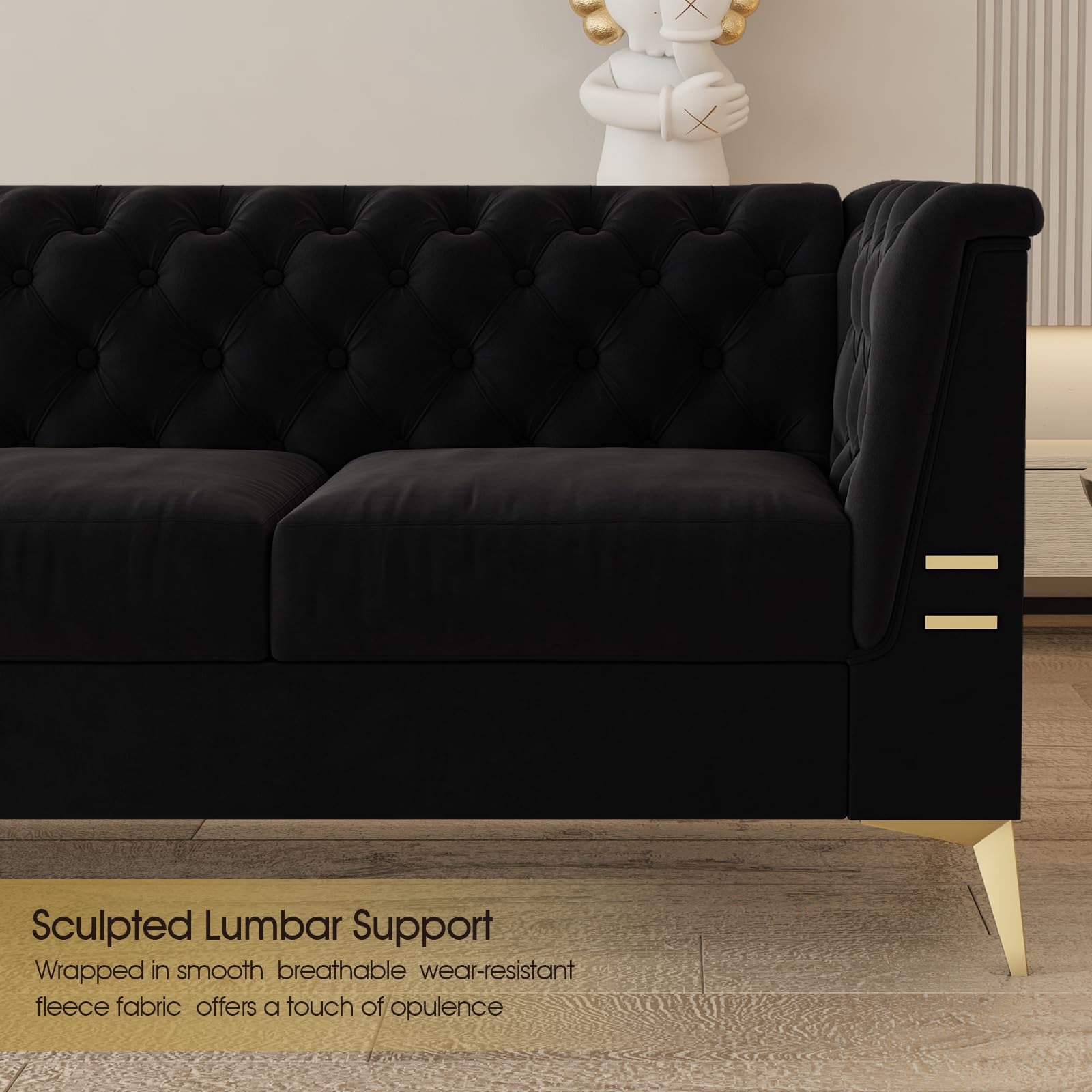 3 Seat Velvet Sofa Couch Modern Chesterfield Button Tufted Couches Comfy Contemporary Black Velvet Upholstered Sofas 83 Inch 3 Person Fashion with Metal Legs Couches for Living Room Office Furniture