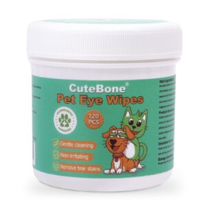 cutebone pet eye wipes 120 count - gentle and soothing eye cleaning wipes for dogs and cats, removes dirt, tear stains, and debris, prevents eye infections, natural ingredients, safe and easy to use