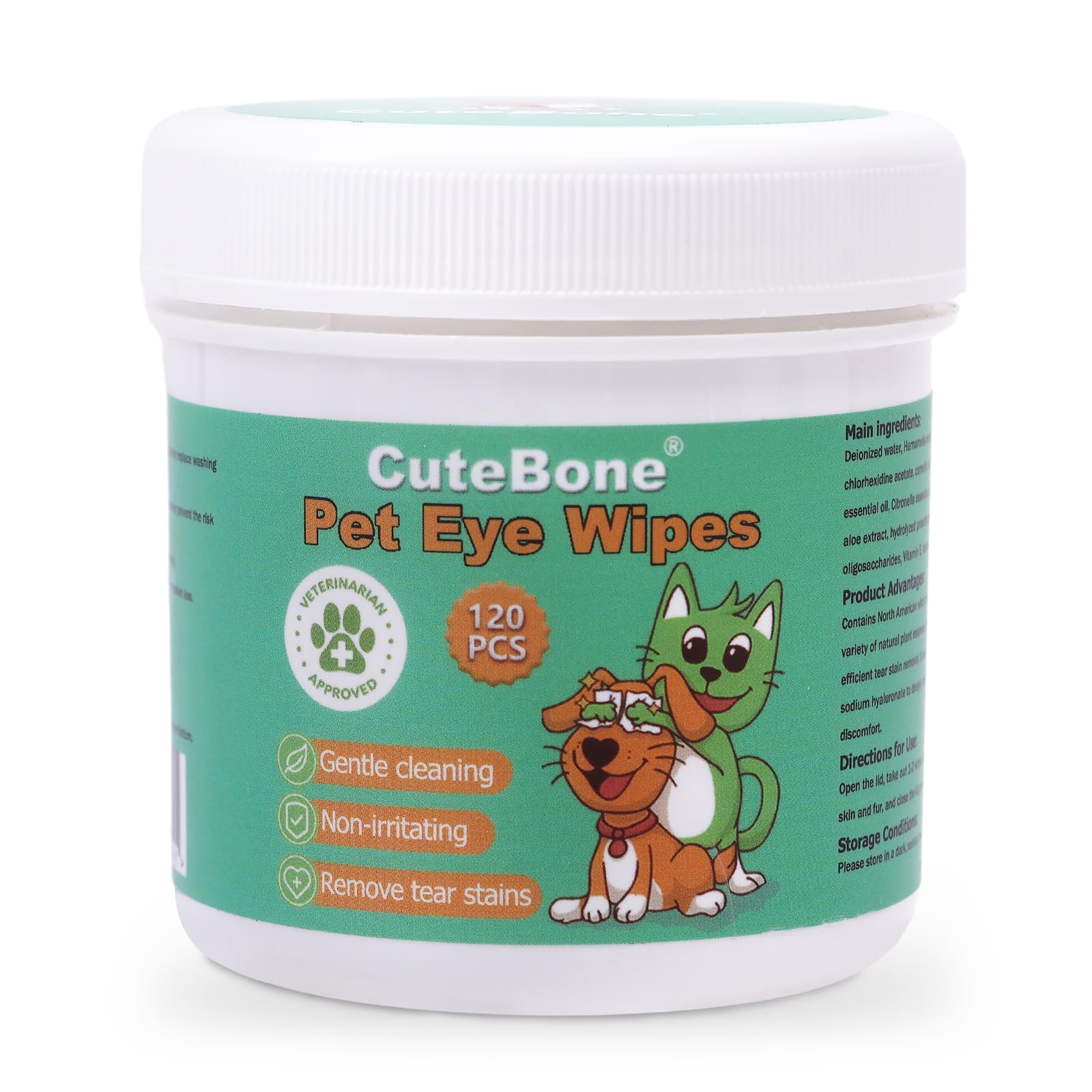 CuteBone Pet Eye Wipes 120 Count - Gentle and Soothing Eye Cleaning Wipes for Dogs and Cats, Removes Dirt, Tear Stains, and Debris, Prevents Eye Infections, Natural Ingredients, Safe and Easy to Use