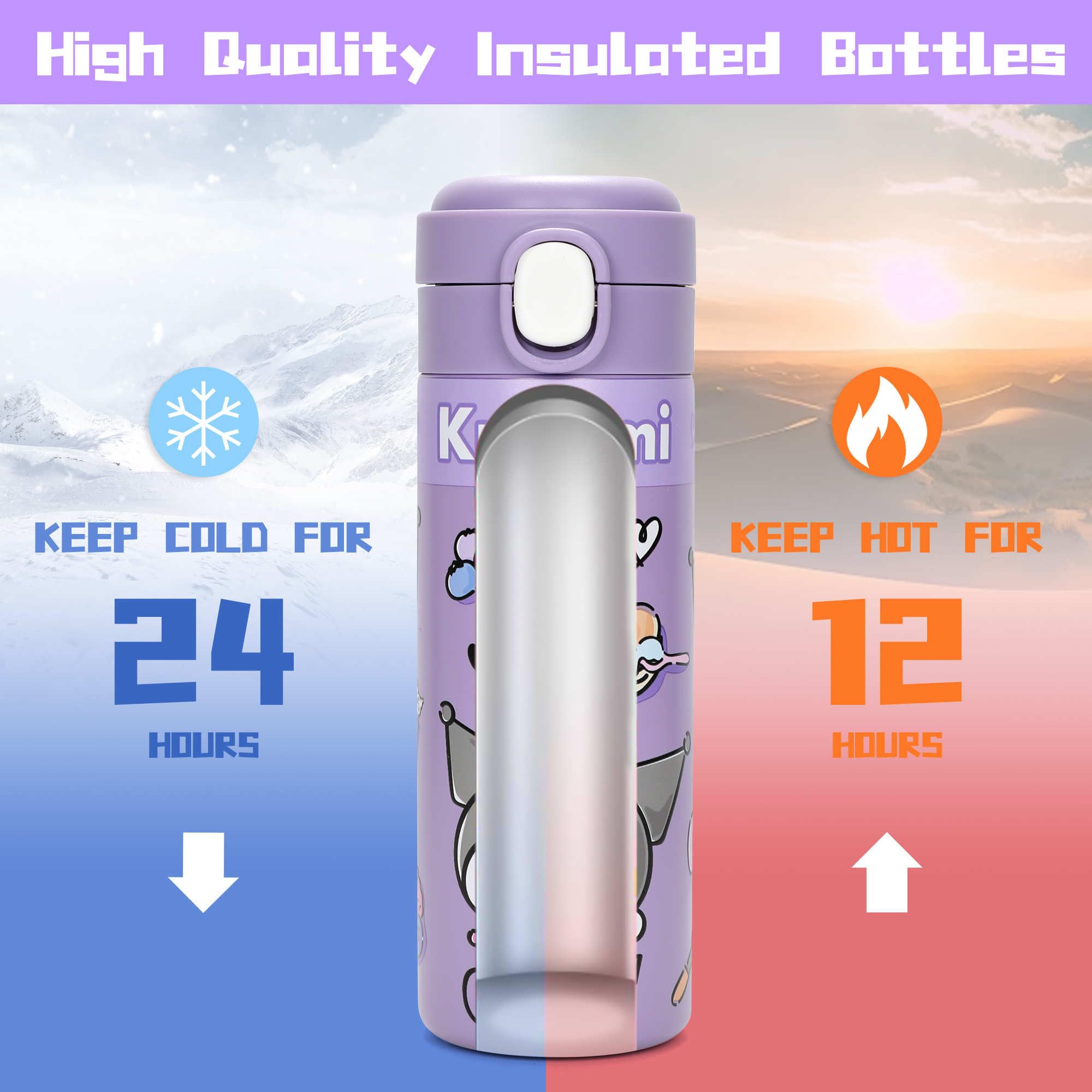 Matconly 14oz Cartoon Water Bottle Girls with 50pcs Anime Stickers, Stainless Steel Thermos Water Bottle for School Kids