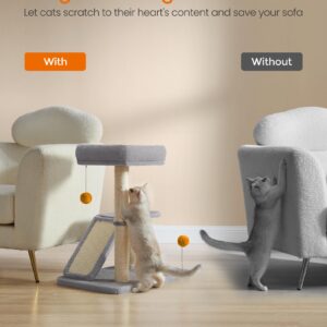 Feandrea Cat Scratching Post, Small Cat Tree Tower, Multifunctional Cat Scratcher with Self Groomer Brush, Rotatable Ramp, Pompoms, Cat Perch Bed for Indoor Cats, Light Gray UPCA024G01