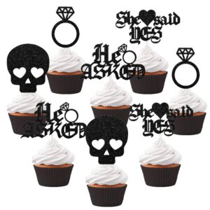 24pcs gothic engagement cupcake toppers he asked she said yes cupcake toppers black glitter heart ring bachelorette cake decorations for halloween wedding engagement bridal shower party supplies