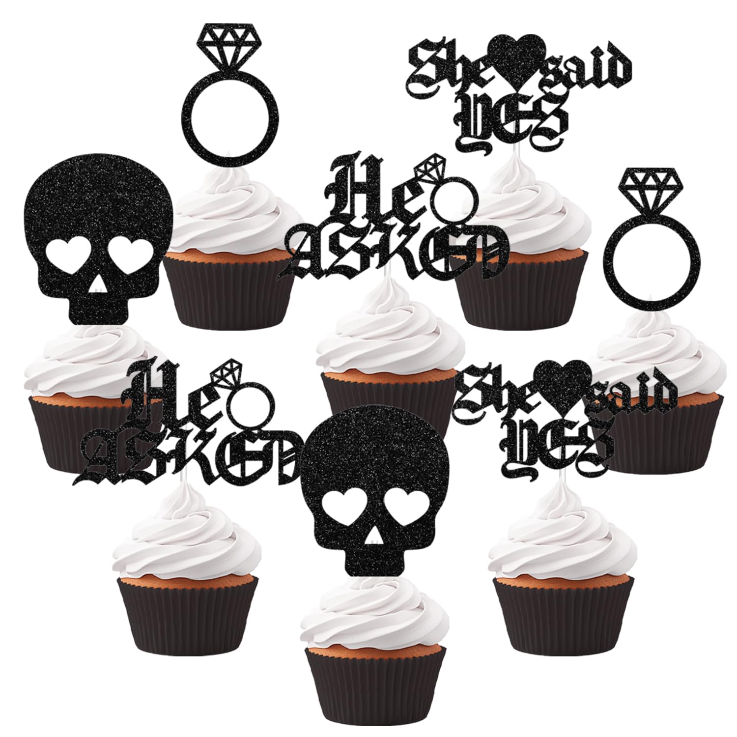 24Pcs Gothic Engagement Cupcake Toppers He Asked She Said Yes Cupcake Toppers Black Glitter Heart Ring Bachelorette Cake Decorations for Halloween Wedding Engagement Bridal Shower Party Supplies